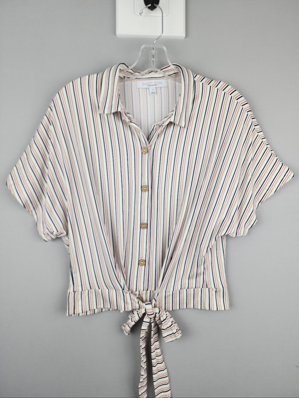 Sweet Rain Button-Front Crop With Tie Shirt - Multi-Color Stripes - Sz Small